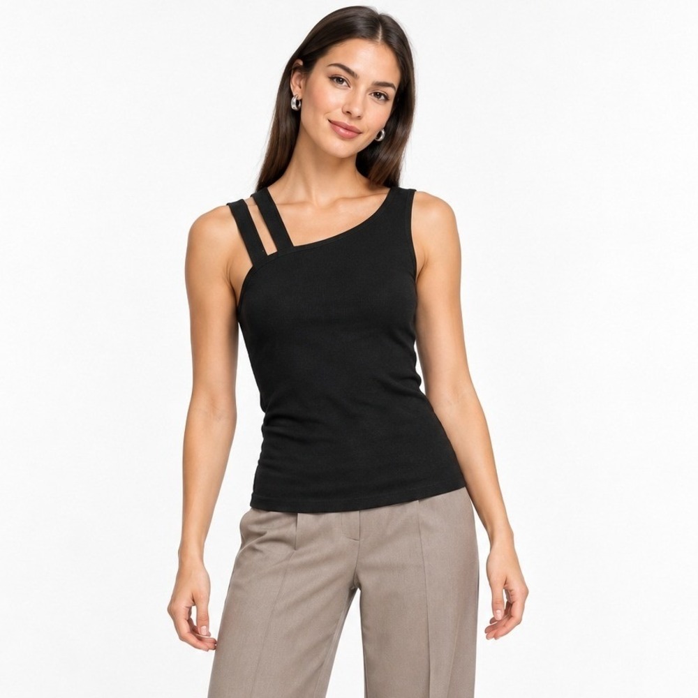 Express Asymmetrical Double Strap Knit Tank Top XS Black Edgy Minimalist